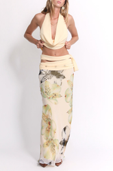 Cowl Neck Crop Top Floral Print Slit Maxi Skirt 2pcs Set - Yellow